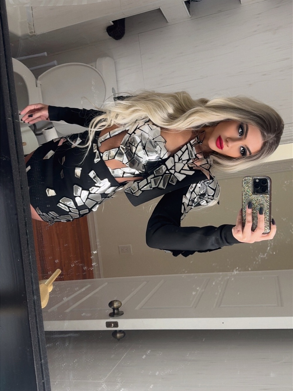 Black Mirror-Embellished Mini Dress - Silver Accent WORN ONCE